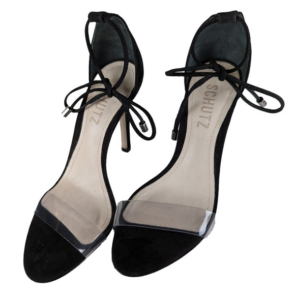 SCHUTZ Shoes - Schutz Black Suede Clear Strap Josseana Sandal Heels Size 5